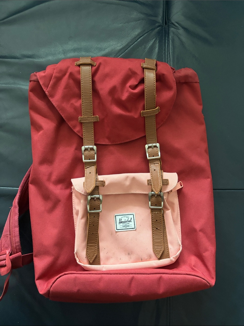 Herschel Supply Company Red Backpack with Pink Front Pocket and Tan Straps